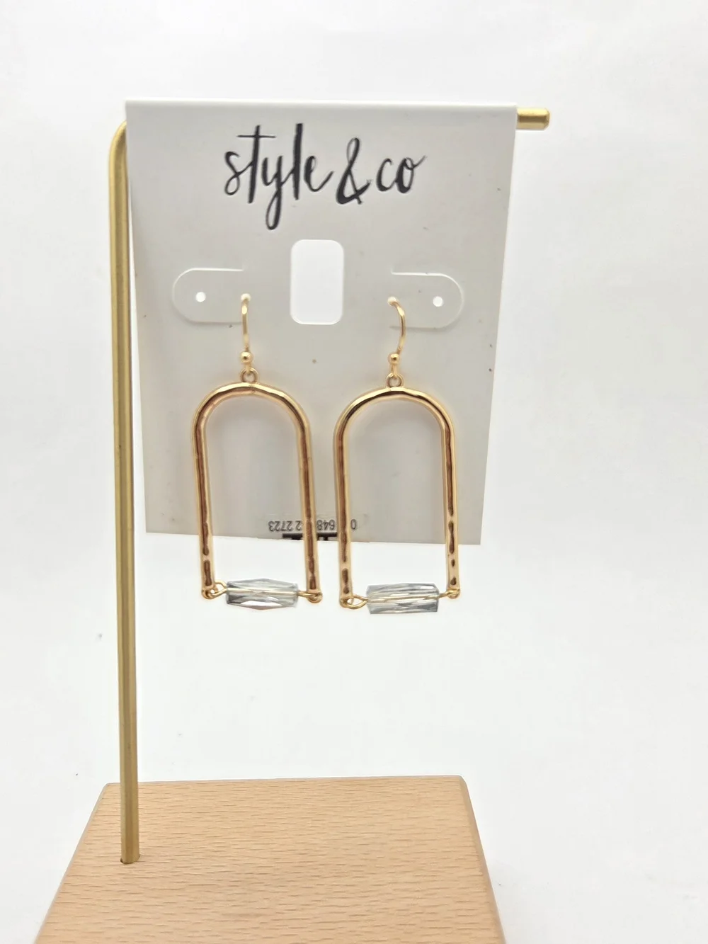 Style & Co Gold Tone Geometric Arch Drop Earrings Clear Faceted Bead NWT
